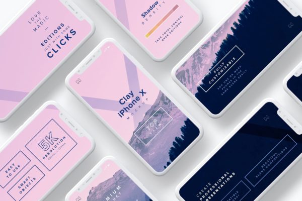 iPhone X手机多屏幕设计预览图等距场景样机 Clay iPhone X Mockup 03