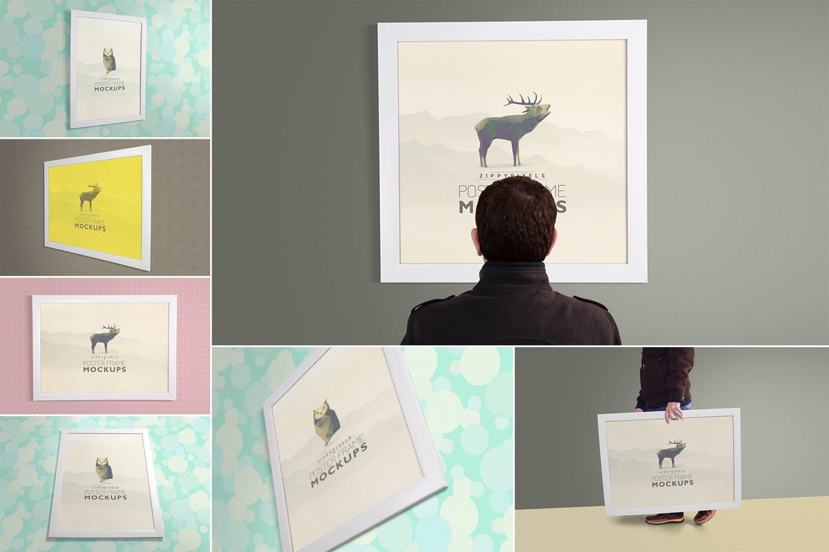 摄影海报艺术品白色画框样机 Poster Frame Mockups插图