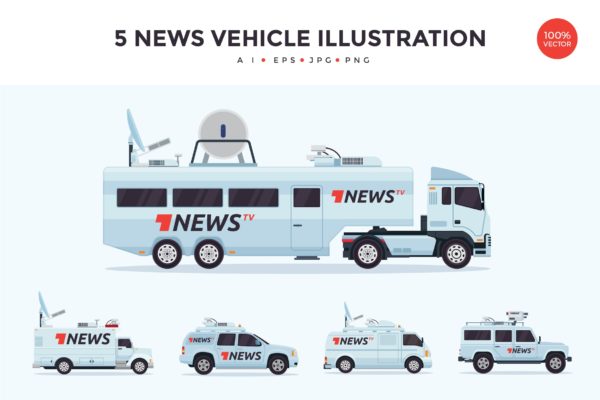 5个新闻广播车采访车矢量图形素材 5 News Broadcasting Vehicle Vector Illustration