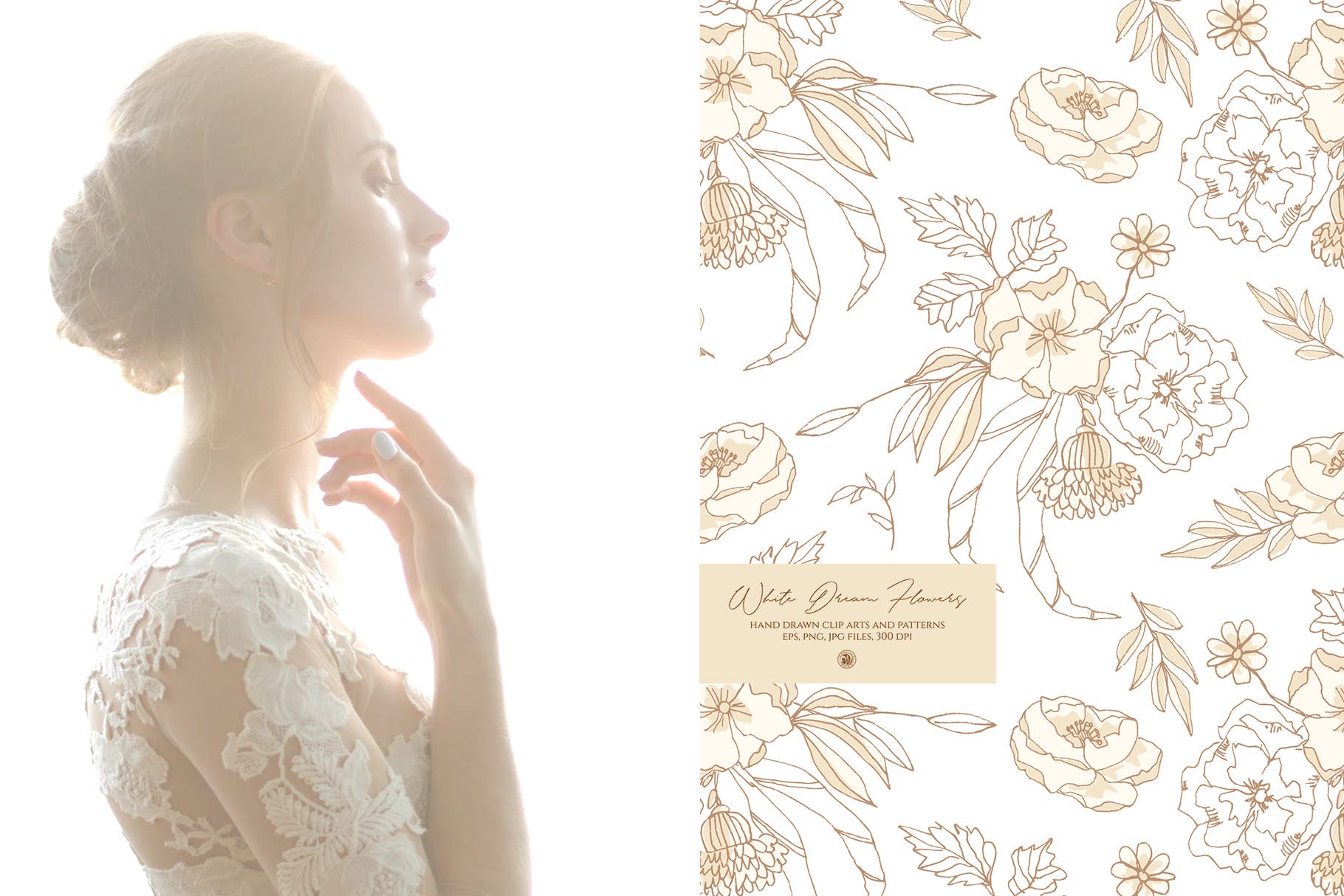 白色梦幻花卉手绘图案矢量素材 White Dream Flowers插图(1)