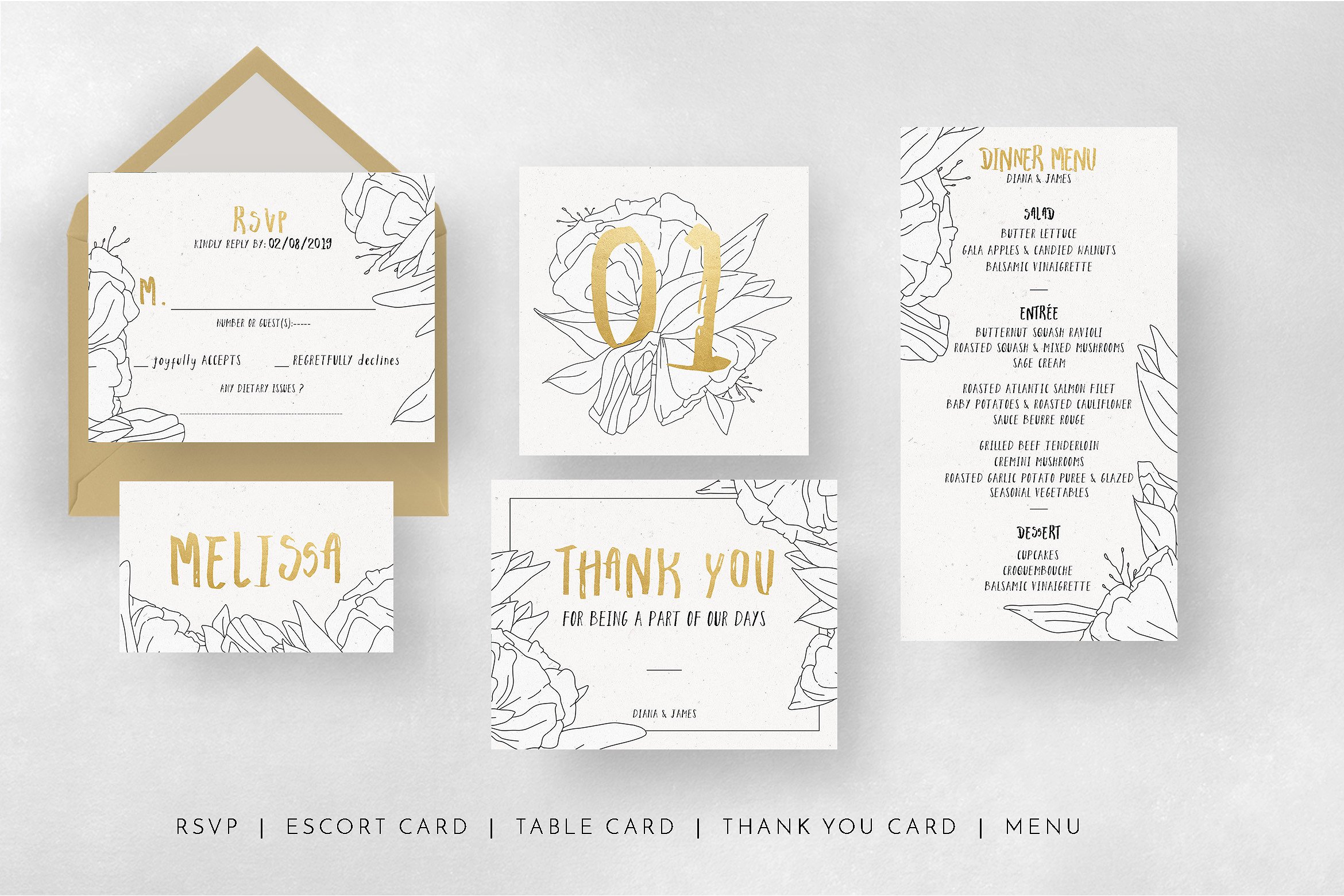 简笔画手绘花卉婚礼设计套装 Simple Floral Outline Wedding Suite插图(5)