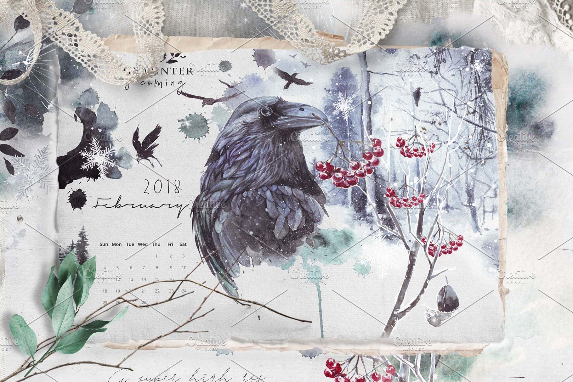 乌鸦、鸟、冬季风景、场景、水彩造型&字体 [2.81GB, 格式PNG, PSD,JPG &HTML] Ravens & birds vol.1插图(5)