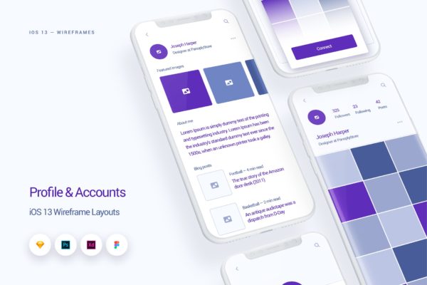 iOS13设计规范之APP应用用户中心界面UI设计线框图套件 Profile &amp; Accounts – iOS 13 Wireframe Kit