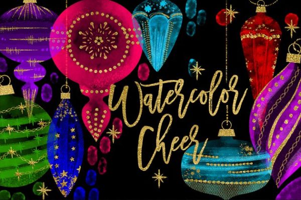 欢乐圣诞饰品水彩插画 Watercolor Cheer Christmas Ornaments