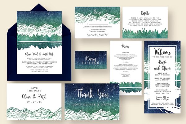 星光熠熠雪山冬景婚礼邀请函设计模板 Starry Reflection Wedding Suite