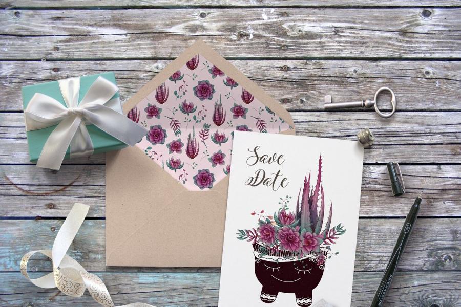 紫色的仙人掌和肉质植物矢量剪贴画插图(7)