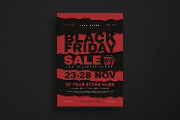 红黑配色撕纸风格黒五促销广告海报传单模板 Black Friday Event Flyer