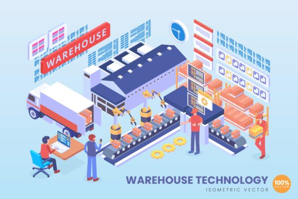 现代仓库管理技术等距矢量素材库精选科技概念插画 Isometric Warehouse Technology Vector Concept