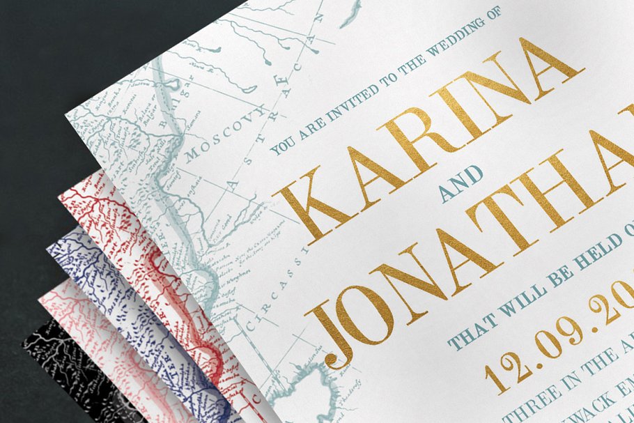 复古地图背景婚礼物料设计模板 Vintage Map Wedding Suite插图(3)