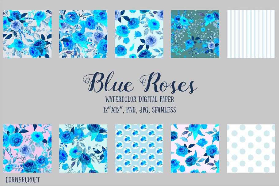 蓝色水彩玫瑰插画图案纸张纹理 Digital Paper Watercolor Blue Rose插图(1)