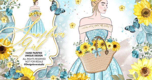 向日葵女孩水彩手绘插画设计素材 Sunflower Girl design