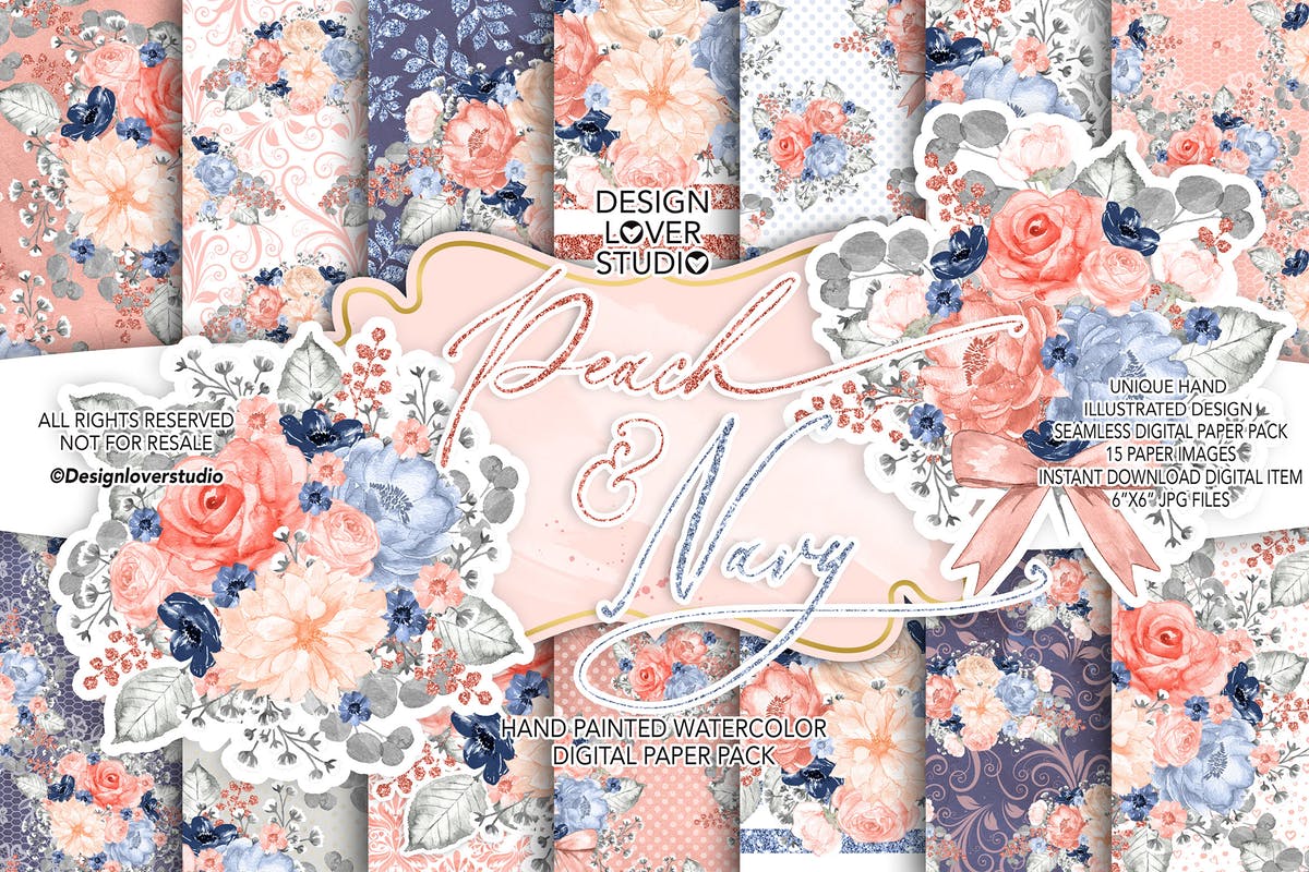 桃红色&海军蓝水彩图案礼品纸张套装 Watercolor Peach and Navy digital paper pack插图
