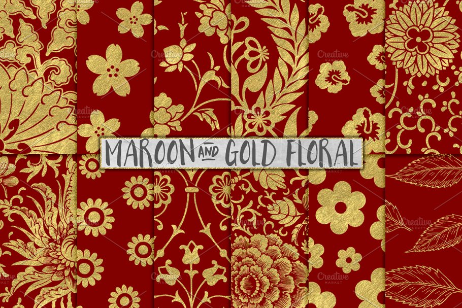 12种金箔花卉图案背景 Maroon and Gold Floral Papers插图