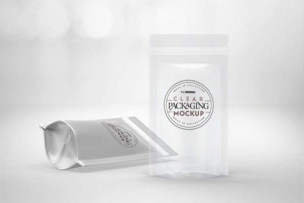 透明&amp;铝箔立式食品袋包装设计样机 Clear or Foil Stand Up Pouches Packaging Mockup