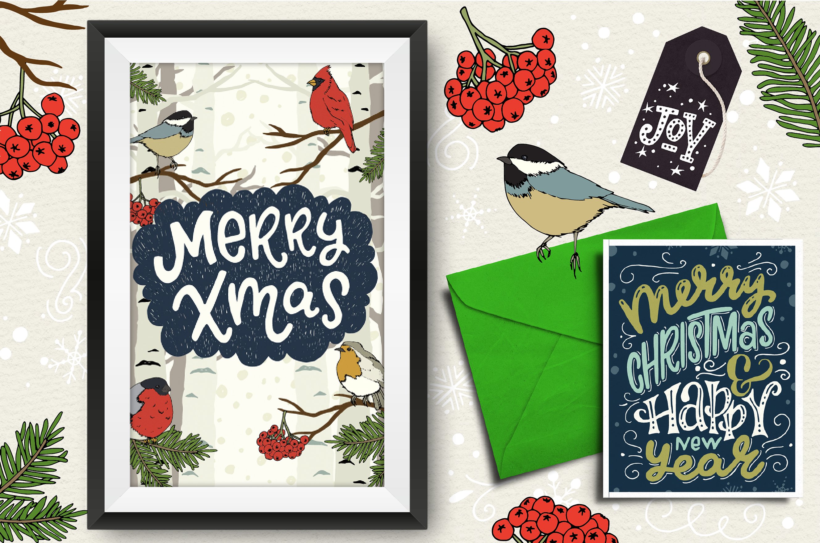 50个不同的手绘矢量剪贴画元素圣诞森林集合插图(3)