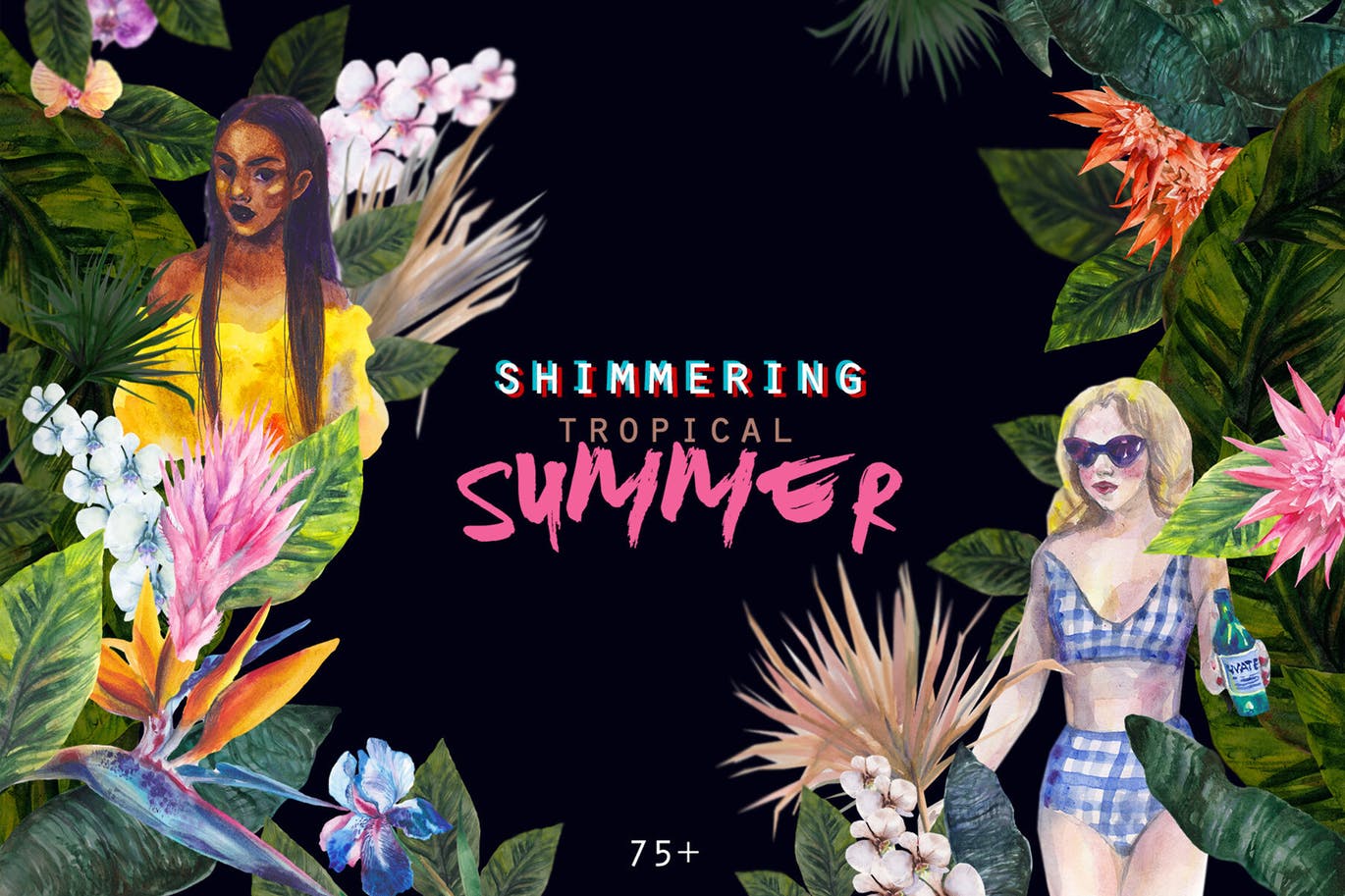 热带夏季主题水彩手绘图案套装 Tropical summer watercolor set插图