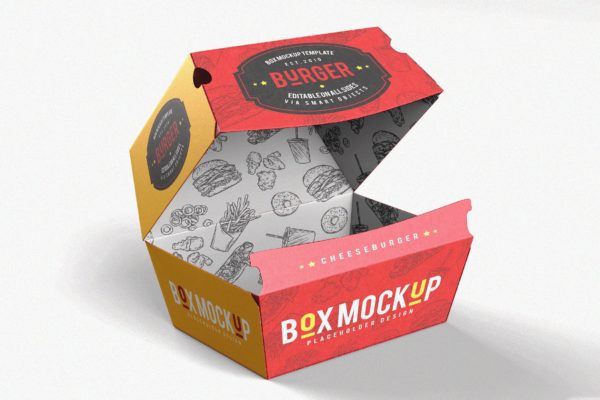 汉堡盒外卖外带包装设计样机模板 Takeaway Packaging Hamburger Box Mock-Up