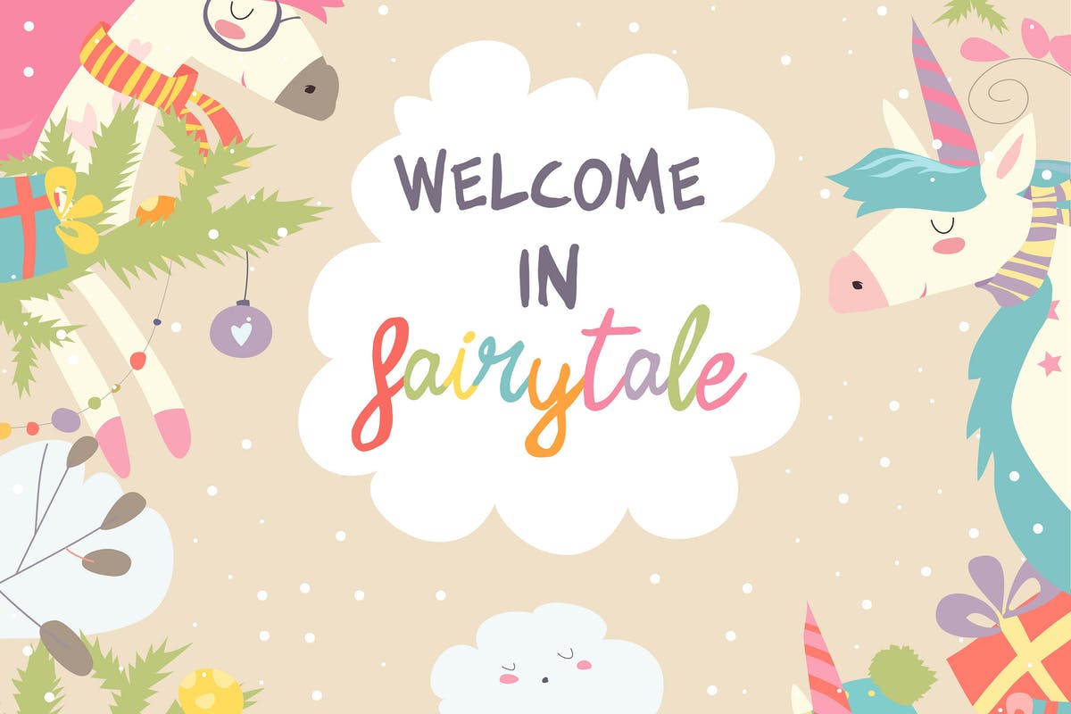 可爱的独角兽和圣诞冬季装饰矢量插画 Cute winter frame with magic unicorns and christma插图