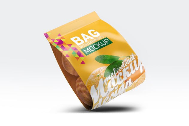 柑橘水果包装样机展示模板 Bag with Oranges Mockup插图(1)