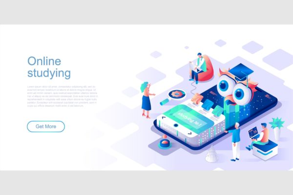 在线教育主题网站等距扁平风素材库精选概念插画 Online Studying Isometric Flat Concept Header