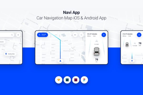 车载导航系统APP应用界面设计UI套件[PSD, SKETCH, XD] Navi App – Car Navigation Map iOS &amp; Android App
