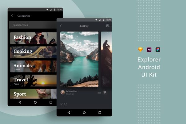 Android手机应用分类导航&amp;相册界面设计素材库精选模板 Explorer Android UI Kit