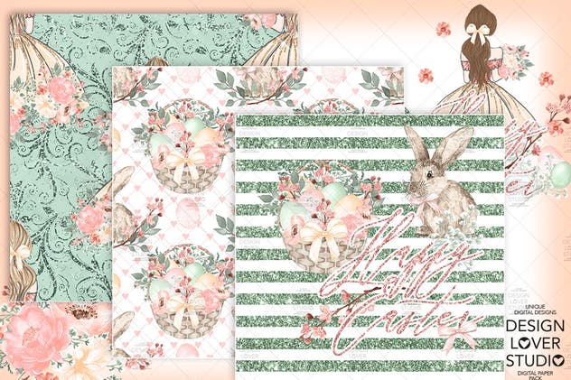 复活节快乐女孩水彩花卉剪贴画套装 Happy Easter Girl digital paper pack插图(4)