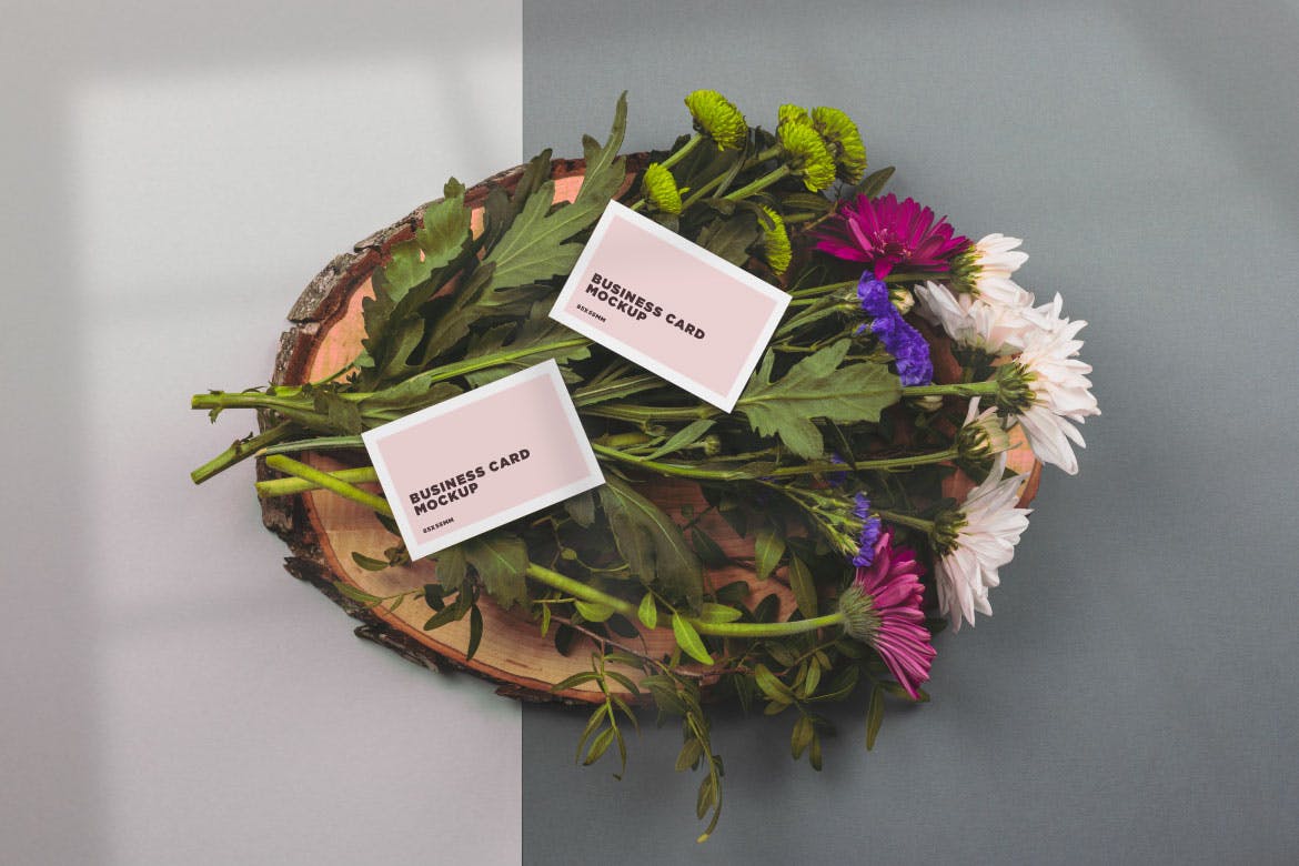 鲜花背景名片和明信片设计效果样机模板 Natural Scene – Business cards & postcard mockup插图(1)