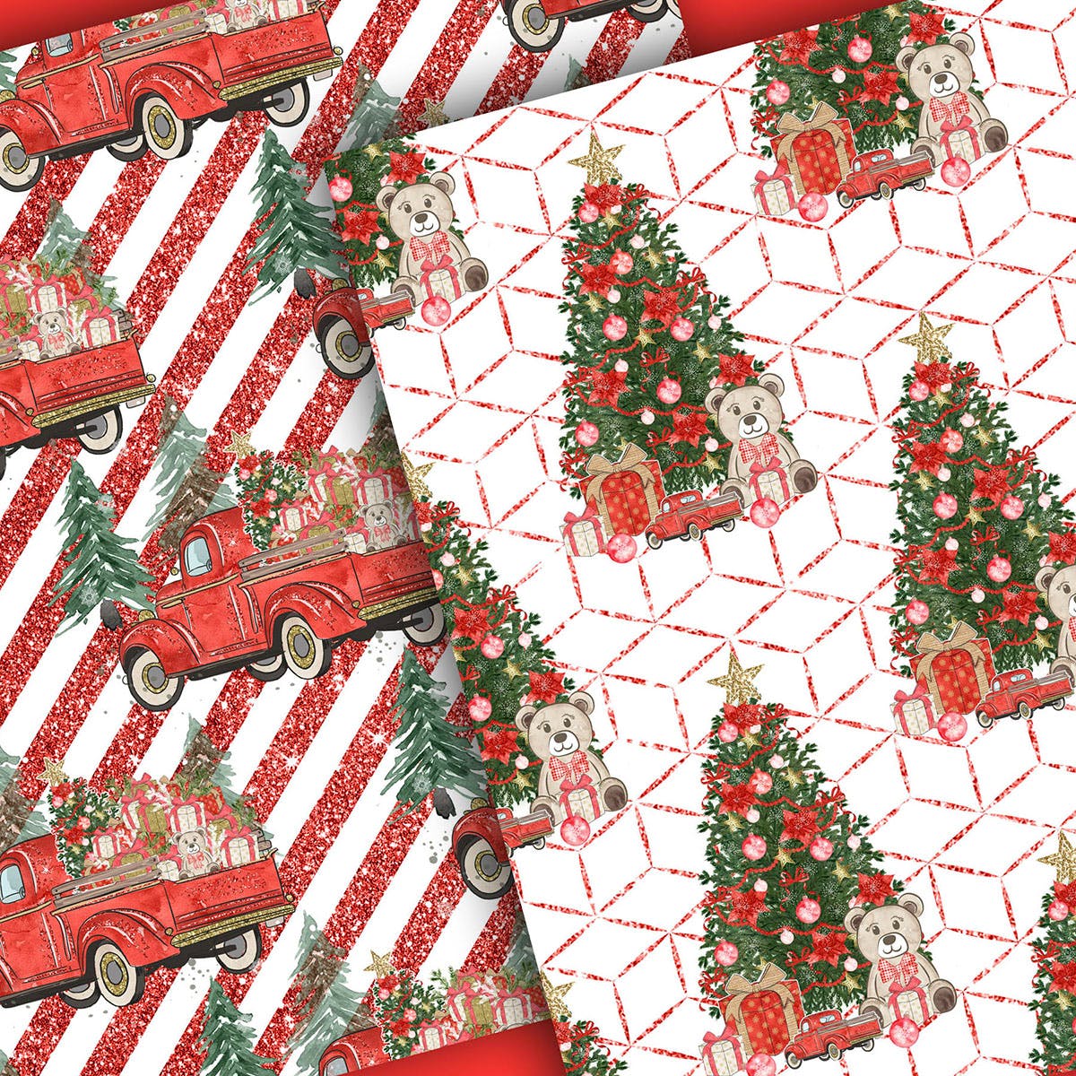 圣诞节礼物卡车手绘图案数码纸张背景素材 Christmas Car digital paper pack插图(5)