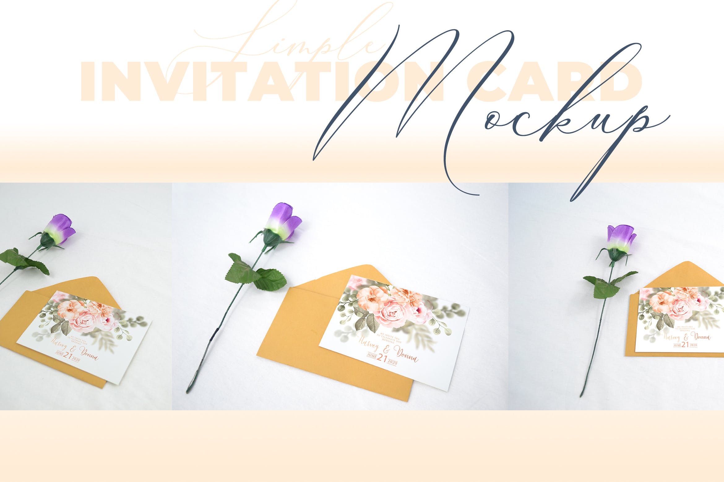 婚礼邀请函设计效果图样机素材库精选模板v1 Realistic Wedding Invitation Card Mockup插图