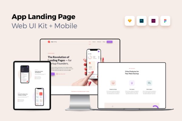 iOS端APP应用产品网站着陆页设计素材库精选套件v1 iOS App Landing Page – Web UI Kit + Mobile – 1