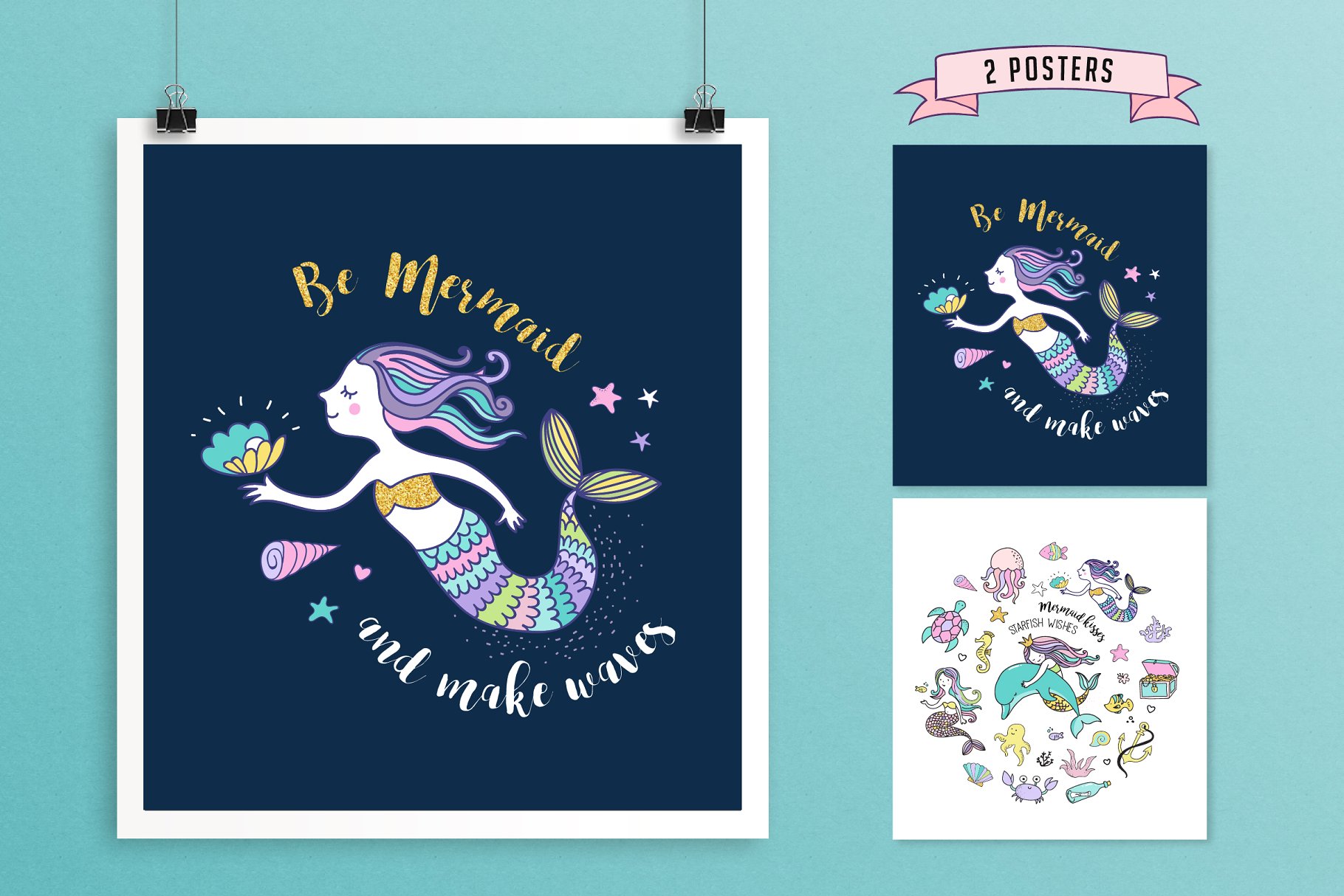 小美人鱼与海洋生物元素及贺卡模板 Little Mermaid – under the sea set插图(2)