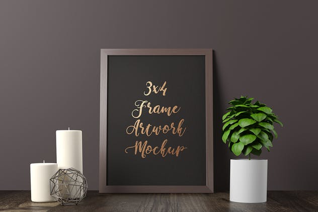 优雅黑色木纹画框样机 Frame Artwork Mockup – Dark Interior Set插图(4)