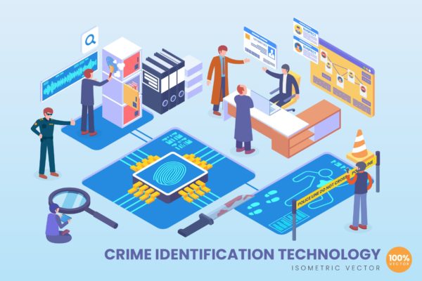 犯罪识别技术等距矢量素材库精选科技概念插画v2 Isometric Crime Identification Technology Vector