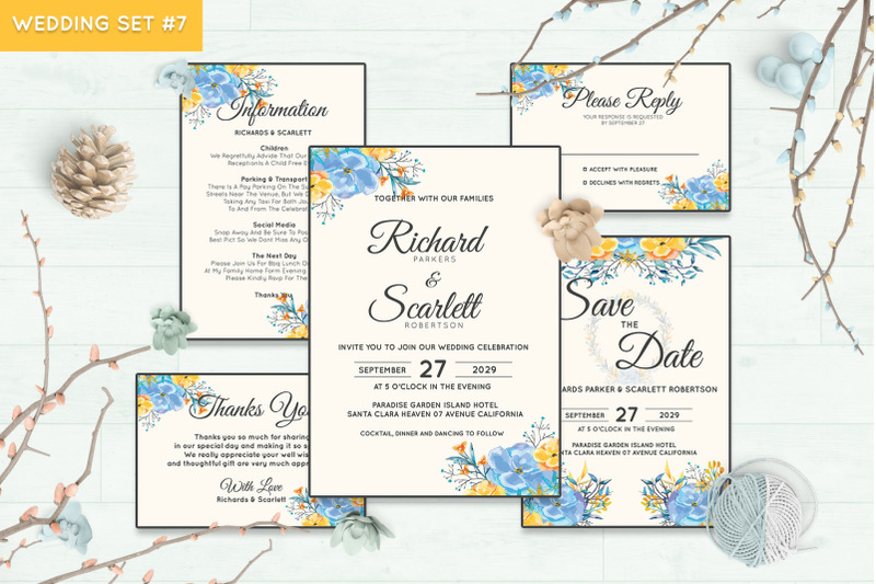 手绘水彩花卉风格婚礼邀请函套装插图