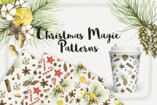 圣诞主题魔法水彩无缝图案背景素材 Watercolor Christmas Magic Patterns