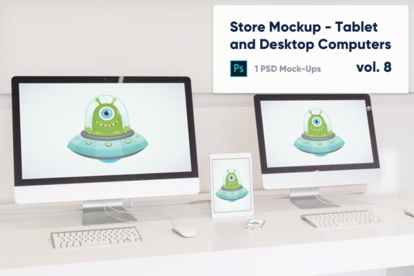 零售店展柜一体机电脑/平板电脑/手机屏幕预览素材库精选样机v8 Desktop Computers, Tablet and Phone Mockup
