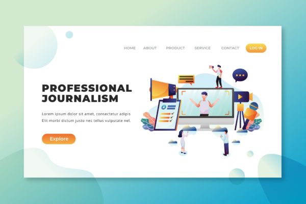 新闻工作者矢量插画网站着陆页设计PSD&amp;AI模板 Professional Journalism – PSD and AI Landing Page
