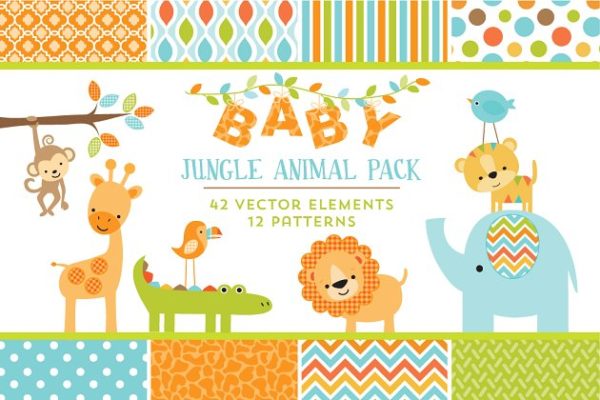 婴儿丛林动物图案背景素材 Baby Jungle Animal Graphics Patterns