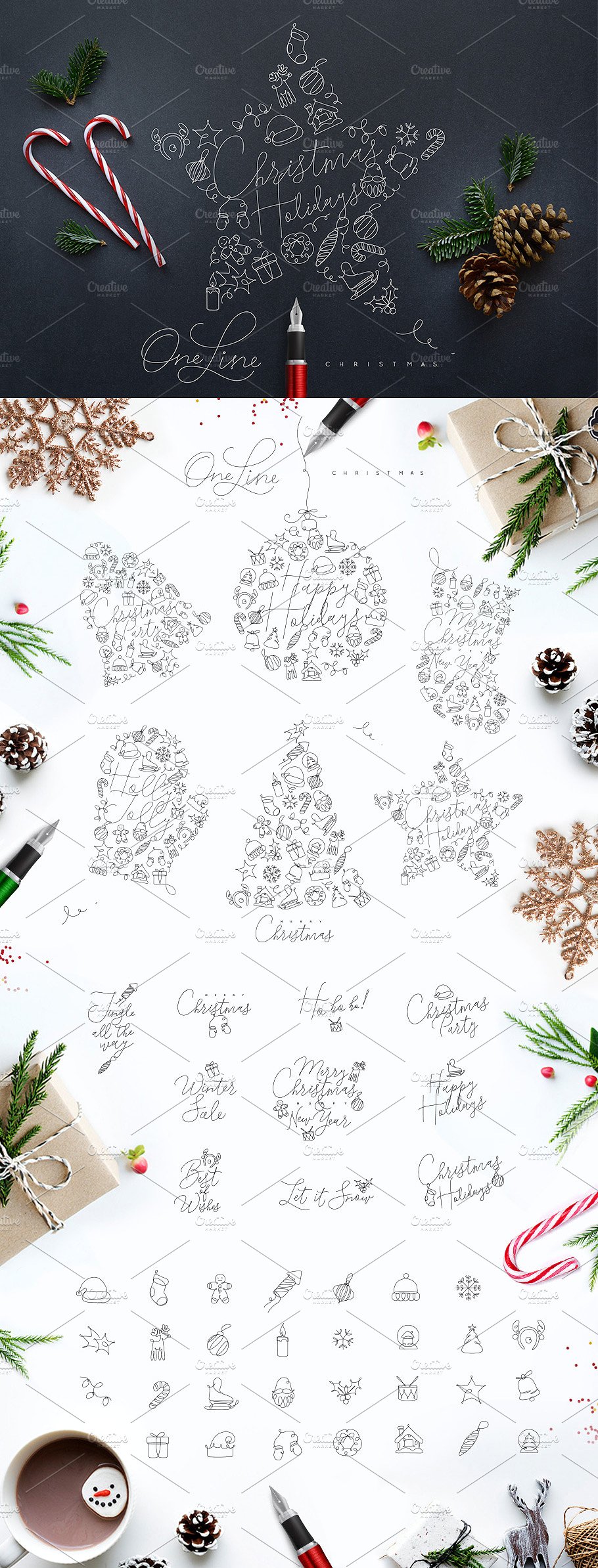 圣诞节节日主题设计插画素材合集 Christmas Holidays One Line插图