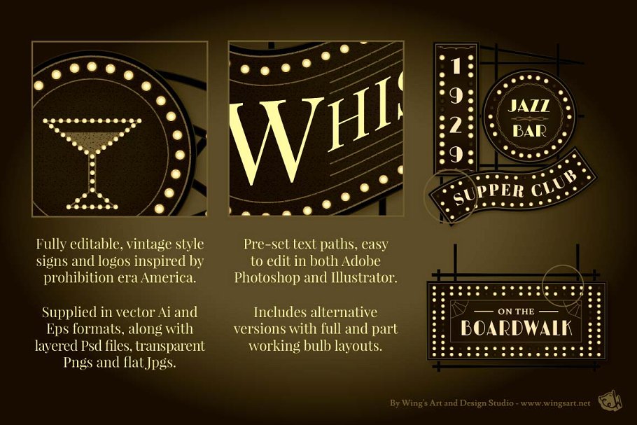 集市，夜总会和舞厅风格复古店招模板 Prohibition Era Boardwalk Signs插图(3)