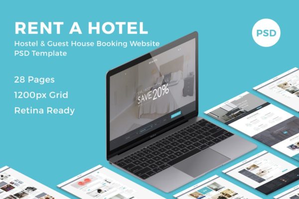 酒店在线预订系统网站PSD模板 Rent a Hotel – Booking Website PSD Template