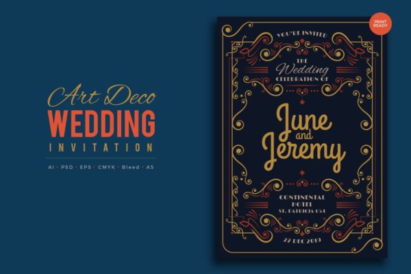 复古艺术婚礼邀请函PSD设计模板v8 Art Deco Wedding Invitation PSD And Vector Vol.8