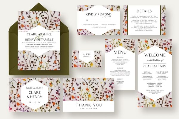 优雅清新花卉藤蔓婚庆邀请函套装 Floral Vine Wedding Suite