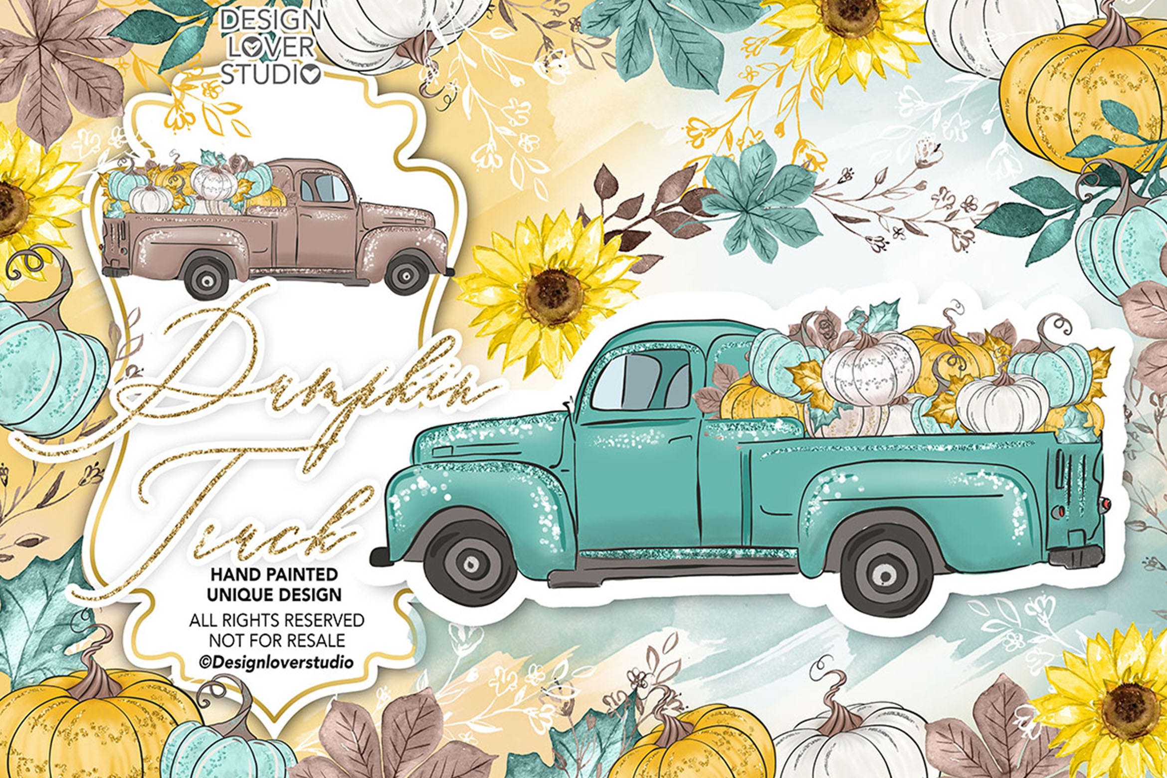 感恩节主题风格南瓜卡车手绘图案背景素材 Thanksgiving car design插图