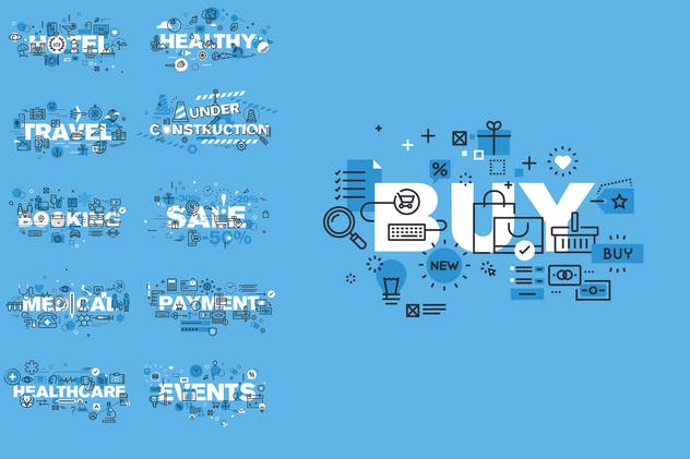 细线扁平设计风格字体插画混合Banner设计模板 Thin Line Flat Design Word Banners Pack插图(5)