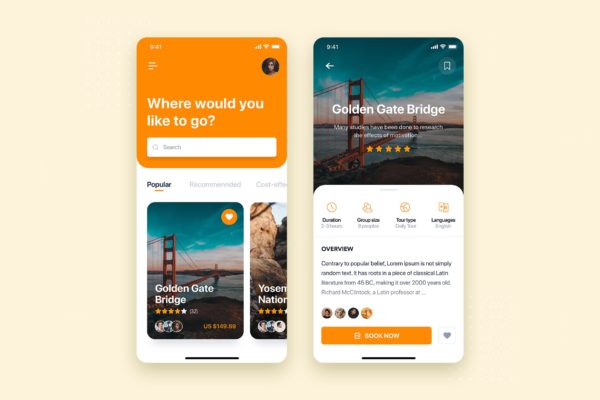 旅游出行预订APP应用首页&amp;预订界面设计素材库精选模板 Travel Booking Mobile App UI Kit Template