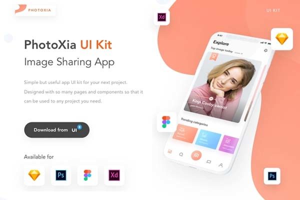 素材库下午茶：多功能图片分享社区 APP UI KIT [Sketch,PSD,fig,XD]
