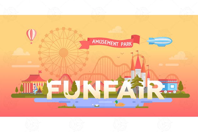 游乐园场景Banner矢量插画 Funfair – modern vector banner illustration插图(1)