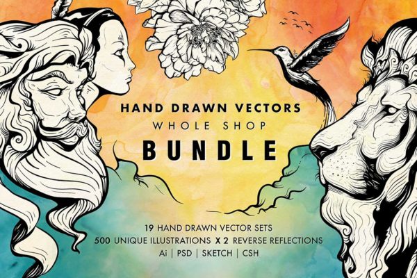 叶子、鸟&amp;其他大量手绘图形素材 Hand Drawn Vectors Bundle